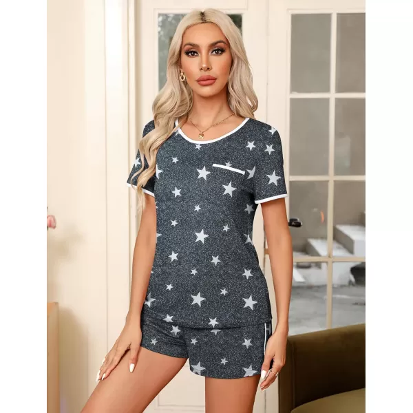 Ekouaer Pajama Set for Women 2 Piece Lounge Set Short Sleeve Tops and Shorts Soft Sleepwear Chest PocketGrey Stars