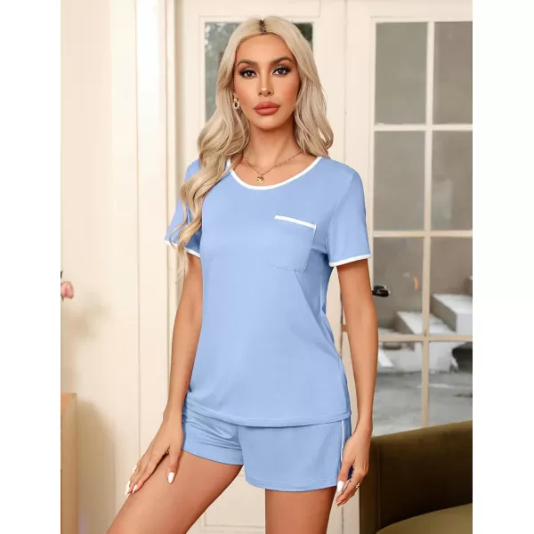 Ekouaer Pajama Set for Women 2 Piece Lounge Set Short Sleeve Tops and Shorts Soft Sleepwear Chest PocketLight Blue