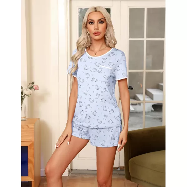 Ekouaer Pajama Set for Women 2 Piece Lounge Set Short Sleeve Tops and Shorts Soft Sleepwear Chest PocketLight Blue Cat