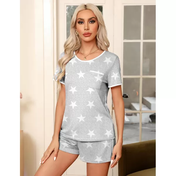 Ekouaer Pajama Set for Women 2 Piece Lounge Set Short Sleeve Tops and Shorts Soft Sleepwear Chest PocketLight Gary Stars