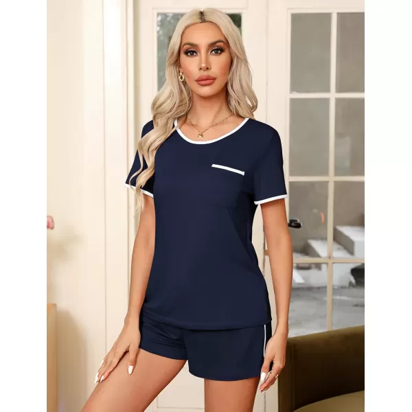 Ekouaer Pajama Set for Women 2 Piece Lounge Set Short Sleeve Tops and Shorts Soft Sleepwear Chest PocketNavy Blue