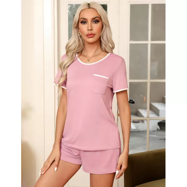 Ekouaer Pajama Set for Women 2 Piece Lounge Set Short Sleeve Tops and Shorts Soft Sleepwear Chest PocketPink