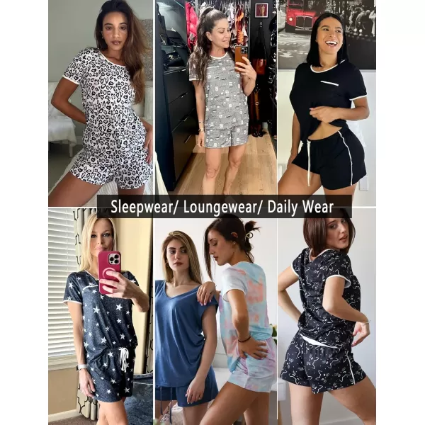 Ekouaer Pajama Set for Women 2 Piece Lounge Set Short Sleeve Tops and Shorts Soft Sleepwear Chest PocketPink Leopard