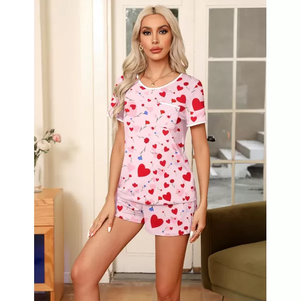 Ekouaer Pajama Set for Women 2 Piece Lounge Set Short Sleeve Tops and Shorts Soft Sleepwear Chest PocketPink Love Flower