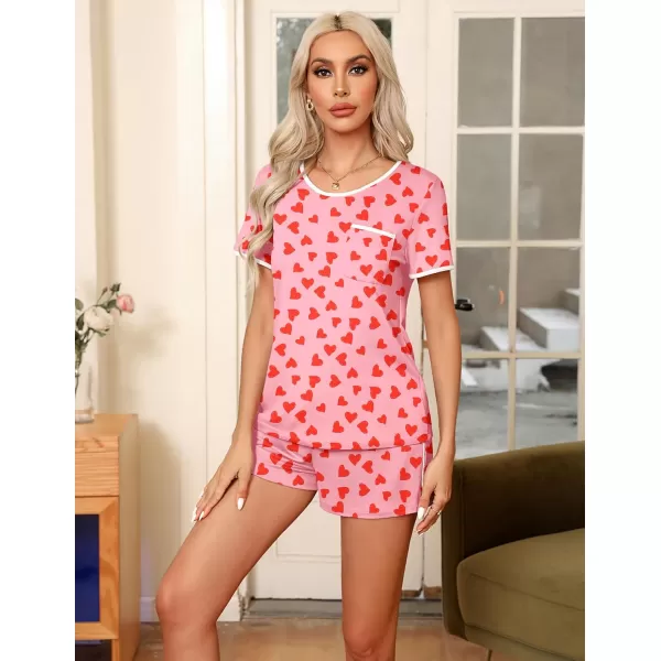 Ekouaer Pajama Set for Women 2 Piece Lounge Set Short Sleeve Tops and Shorts Soft Sleepwear Chest PocketPink Red Love