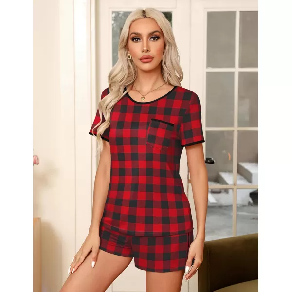 Ekouaer Pajama Set for Women 2 Piece Lounge Set Short Sleeve Tops and Shorts Soft Sleepwear Chest PocketRed Plaid