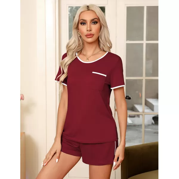 Ekouaer Pajama Set for Women 2 Piece Lounge Set Short Sleeve Tops and Shorts Soft Sleepwear Chest PocketWine Red