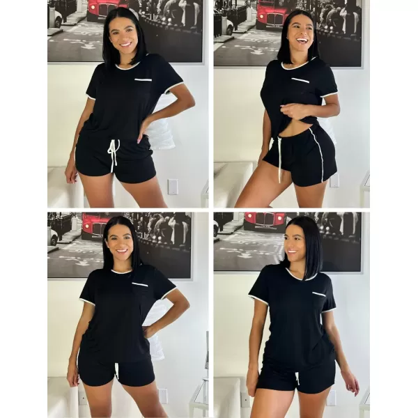 Ekouaer Pajama Set for Women 2 Piece Lounge Set Tops and Shorts Soft Sleepwear Chest Pocket01 Black