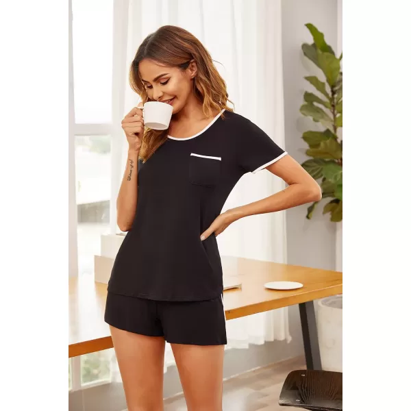 Ekouaer Pajama Set for Women 2 Piece Lounge Set Tops and Shorts Soft Sleepwear Chest Pocket01 Black