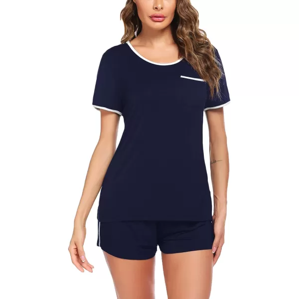 Ekouaer Pajama Set for Women 2 Piece Lounge Set Tops and Shorts Soft Sleepwear Chest Pocket01 Navy Blue