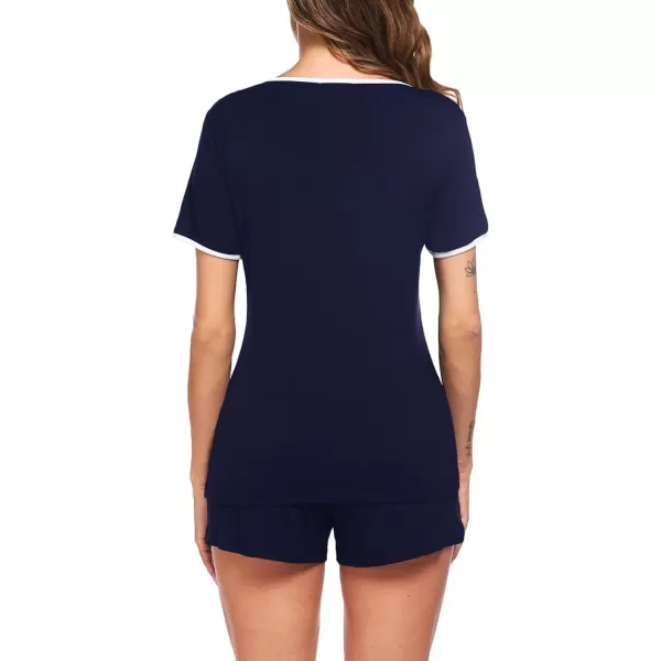 Ekouaer Pajama Set for Women 2 Piece Lounge Set Tops and Shorts Soft Sleepwear Chest Pocket01 Navy Blue