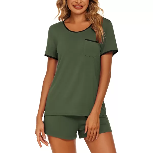 Ekouaer Pajama Set for Women 2 Piece Lounge Set Tops and Shorts Soft Sleepwear Chest PocketArmy Green