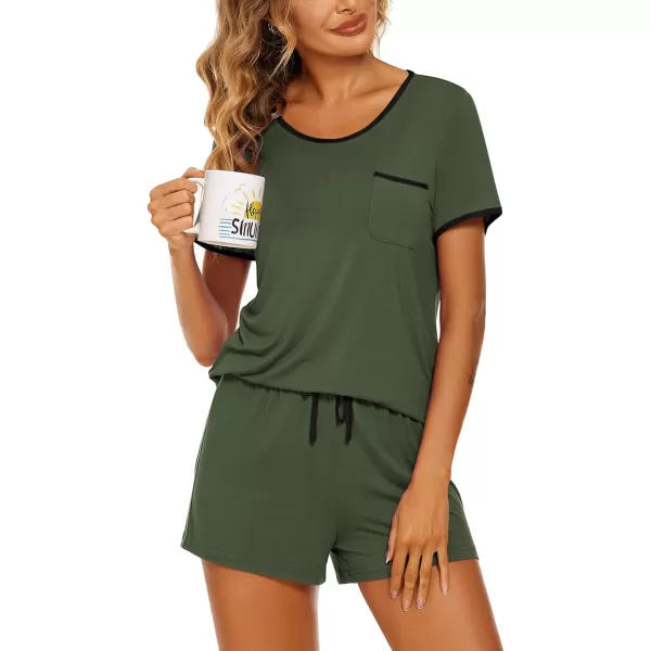 Ekouaer Pajama Set for Women 2 Piece Lounge Set Tops and Shorts Soft Sleepwear Chest PocketArmy Green