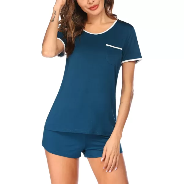 Ekouaer Pajama Set for Women 2 Piece Lounge Set Tops and Shorts Soft Sleepwear Chest PocketBlue Green