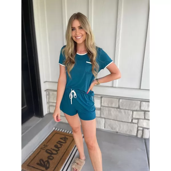 Ekouaer Pajama Set for Women 2 Piece Lounge Set Tops and Shorts Soft Sleepwear Chest PocketBlue Green