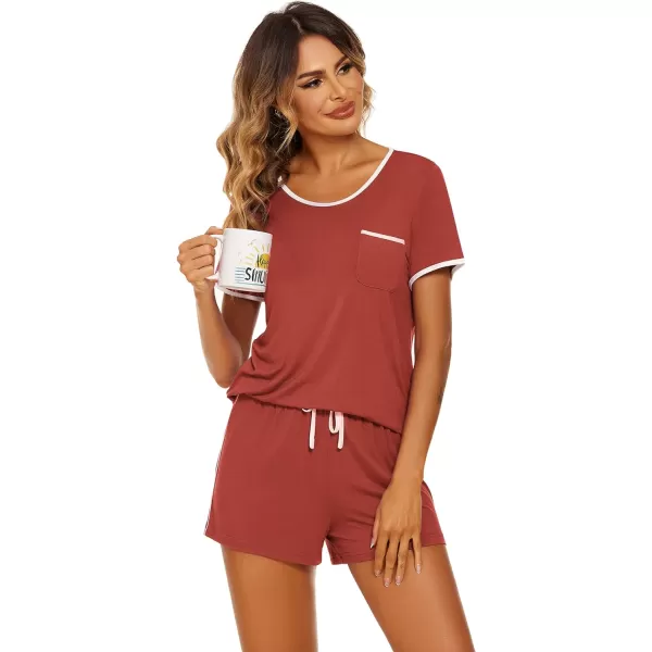 Ekouaer Pajama Set for Women 2 Piece Lounge Set Tops and Shorts Soft Sleepwear Chest PocketCaramel