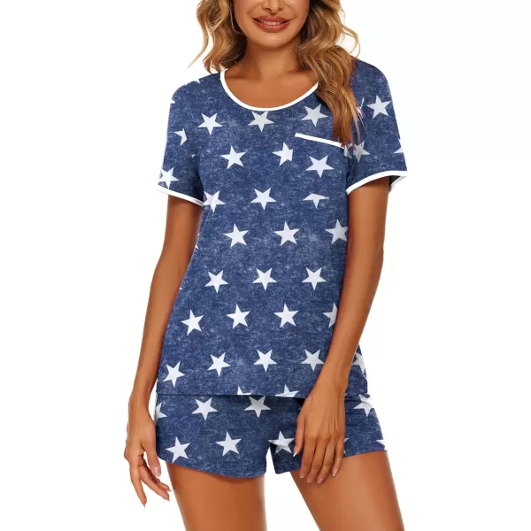 Ekouaer Pajama Set for Women 2 Piece Lounge Set Tops and Shorts Soft Sleepwear Chest PocketPattern6blue Star