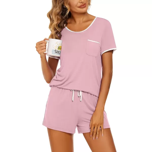 Ekouaer Pajama Set for Women 2 Piece Lounge Set Tops and Shorts Soft Sleepwear Chest PocketPink 02