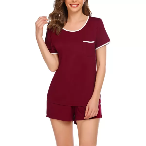 Ekouaer Pajama Set for Women 2 Piece Lounge Set Tops and Shorts Soft Sleepwear Chest PocketWine