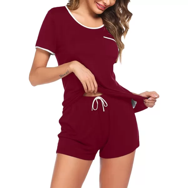 Ekouaer Pajama Set for Women 2 Piece Lounge Set Tops and Shorts Soft Sleepwear Chest PocketWine