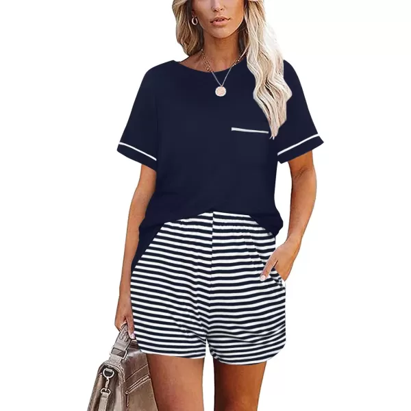 Ekouaer Pajama Set for Women 2 Piece Short Sleeve Tops Sleepwear Loungewear Two Piece Pjs Shorts with PocketsA03 Navy Blue