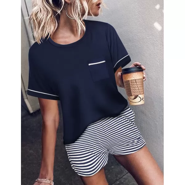 Ekouaer Pajama Set for Women 2 Piece Short Sleeve Tops Sleepwear Loungewear Two Piece Pjs Shorts with PocketsA03 Navy Blue