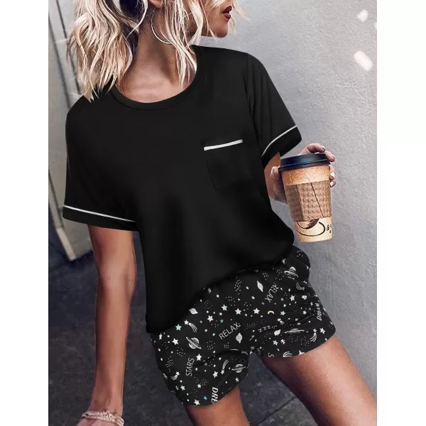 Ekouaer Pajama Set for Women 2 Piece Short Sleeve Tops Sleepwear Loungewear Two Piece Pjs Shorts with PocketsA04 Black Star