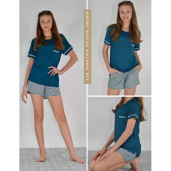 Ekouaer Pajama Set for Women 2 Piece Short Sleeve Tops Sleepwear Loungewear Two Piece Pjs Shorts with PocketsA05 Peacock Blue