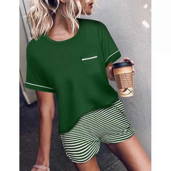 Ekouaer Pajama Set for Women 2 Piece Short Sleeve Tops Sleepwear Loungewear Two Piece Pjs Shorts with PocketsA06 Dark Green