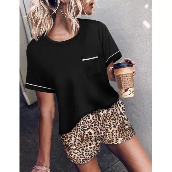 Ekouaer Pajama Set for Women 2 Piece Short Sleeve Tops Sleepwear Loungewear Two Piece Pjs Shorts with PocketsA09 Leopard Black