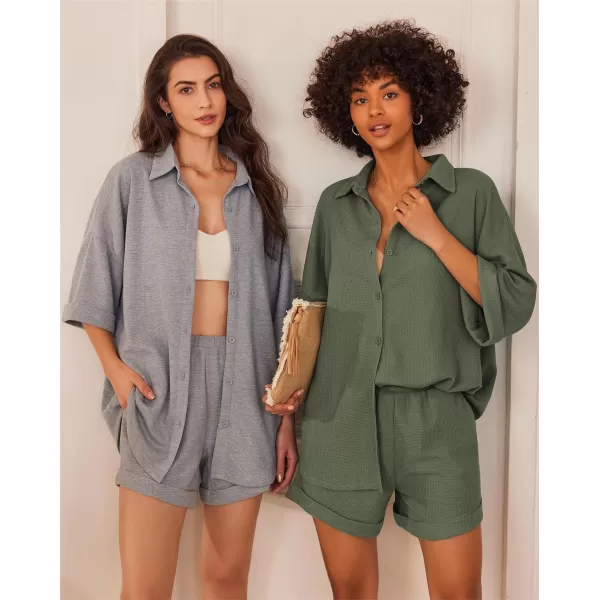 Ekouaer Pajama Sets Waffle Knit Women Short Sleeves Pjs Button Up Matching Sleepwear 2 Piece Lounge SetsAarmy Green