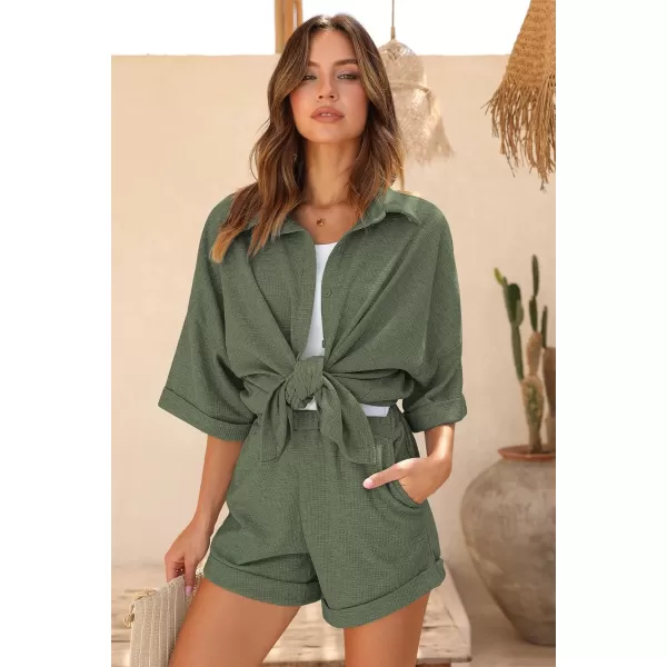 Ekouaer Pajama Sets Waffle Knit Women Short Sleeves Pjs Button Up Matching Sleepwear 2 Piece Lounge SetsAarmy Green