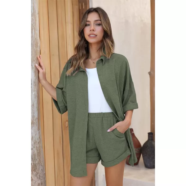 Ekouaer Pajama Sets Waffle Knit Women Short Sleeves Pjs Button Up Matching Sleepwear 2 Piece Lounge SetsAarmy Green