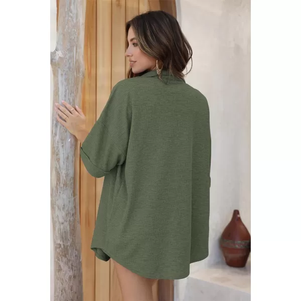 Ekouaer Pajama Sets Waffle Knit Women Short Sleeves Pjs Button Up Matching Sleepwear 2 Piece Lounge SetsAarmy Green