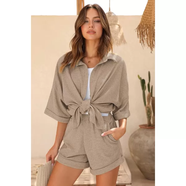 Ekouaer Pajama Sets Waffle Knit Women Short Sleeves Pjs Button Up Matching Sleepwear 2 Piece Lounge SetsAkhaki