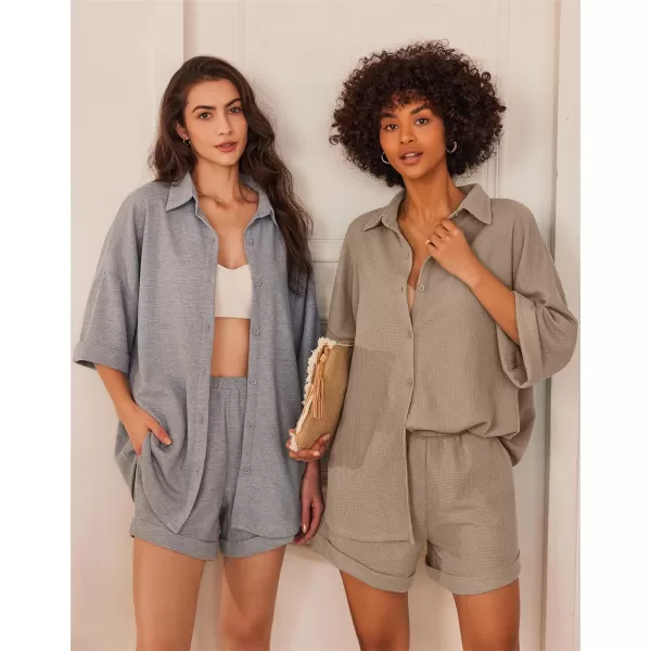 Ekouaer Pajama Sets Waffle Knit Women Short Sleeves Pjs Button Up Matching Sleepwear 2 Piece Lounge SetsAkhaki