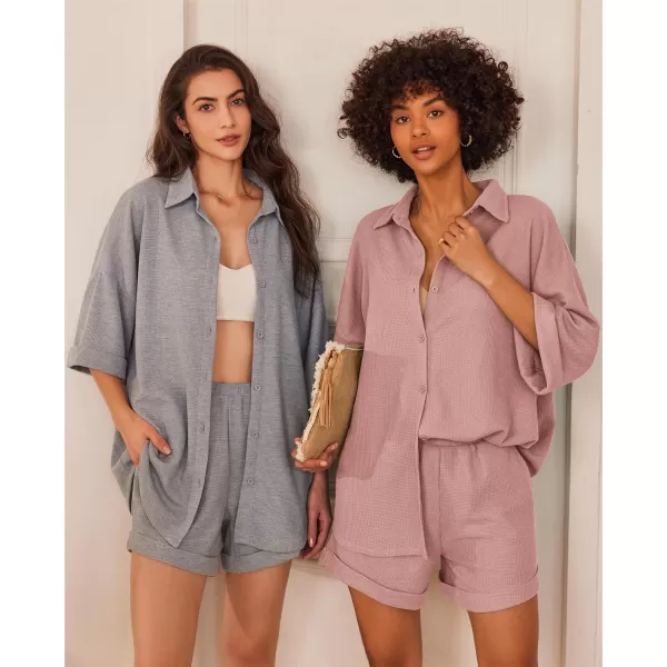 Ekouaer Pajama Sets Waffle Knit Women Short Sleeves Pjs Button Up Matching Sleepwear 2 Piece Lounge SetsApink