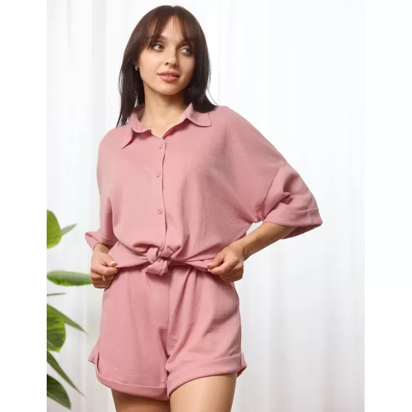 Ekouaer Pajama Sets Waffle Knit Women Short Sleeves Pjs Button Up Matching Sleepwear 2 Piece Lounge SetsApink