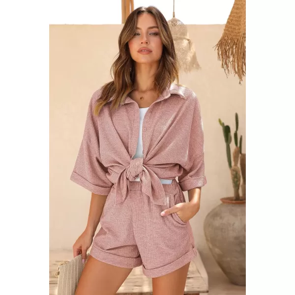 Ekouaer Pajama Sets Waffle Knit Women Short Sleeves Pjs Button Up Matching Sleepwear 2 Piece Lounge SetsApink