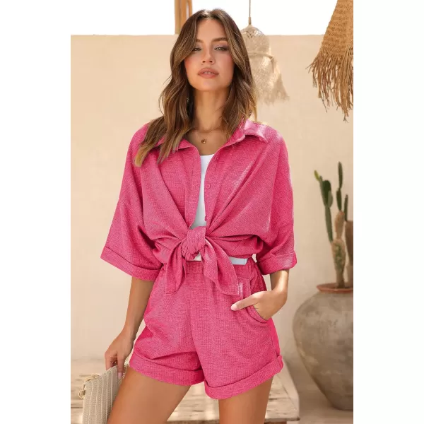 Ekouaer Pajama Sets Waffle Knit Women Short Sleeves Pjs Button Up Matching Sleepwear 2 Piece Lounge SetsArose Red