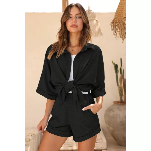 Ekouaer Pajama Sets Waffle Knit Women Short Sleeves Pjs Button Up Matching Sleepwear 2 Piece Lounge SetsBlack