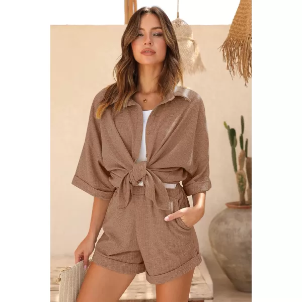 Ekouaer Pajama Sets Waffle Knit Women Short Sleeves Pjs Button Up Matching Sleepwear 2 Piece Lounge SetsBrown