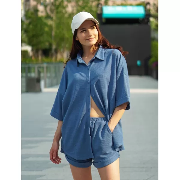 Ekouaer Pajama Sets Waffle Knit Women Short Sleeves Pjs Button Up Matching Sleepwear 2 Piece Lounge SetsLake Blue