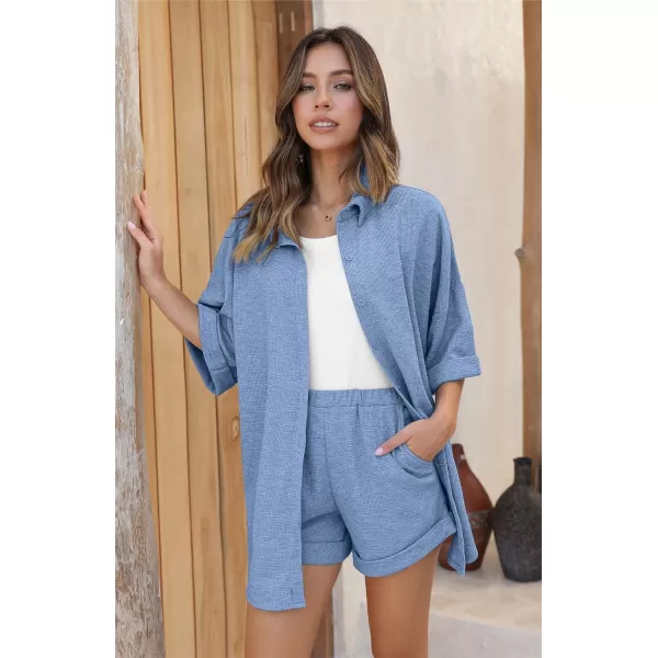 Ekouaer Pajama Sets Waffle Knit Women Short Sleeves Pjs Button Up Matching Sleepwear 2 Piece Lounge SetsLake Blue