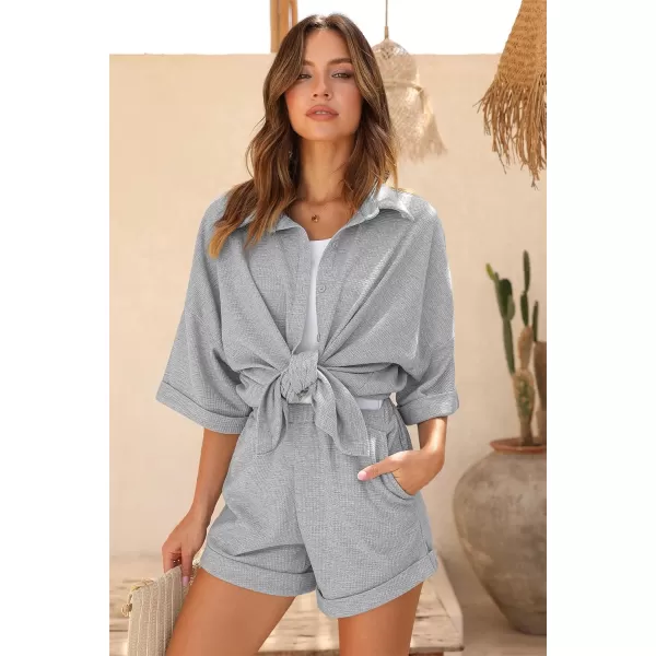 Ekouaer Pajama Sets Waffle Knit Women Short Sleeves Pjs Button Up Matching Sleepwear 2 Piece Lounge SetsLight Grey