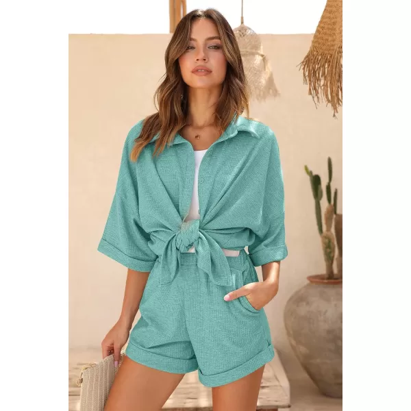 Ekouaer Pajama Sets Waffle Knit Women Short Sleeves Pjs Button Up Matching Sleepwear 2 Piece Lounge SetsMint Green