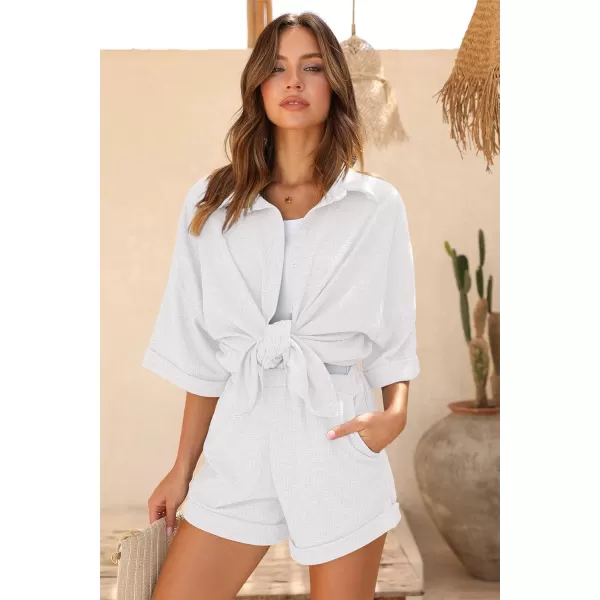 Ekouaer Pajama Sets Waffle Knit Women Short Sleeves Pjs Button Up Matching Sleepwear 2 Piece Lounge SetsWhite