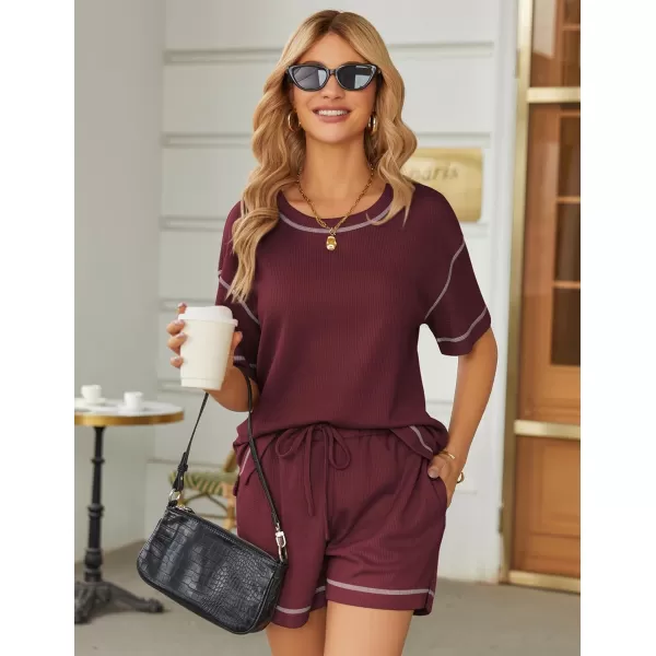 Ekouaer Pajama Sets for Women 2 Piece Waffle Knit Lounge Set Two Piece Loungewear Matching Outfits Set With PocketsDate Red