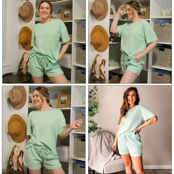 Ekouaer Pajama Sets for Women 2 Piece Waffle Knit Lounge Set Two Piece Loungewear Matching Outfits Set With PocketsIce Green