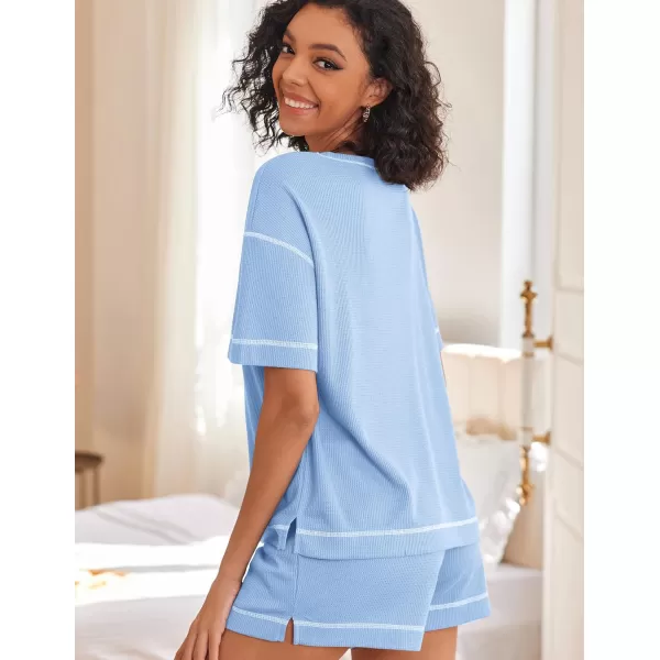 Ekouaer Pajama Sets for Women 2 Piece Waffle Knit Lounge Set Two Piece Loungewear Matching Outfits Set With PocketsLight Blue